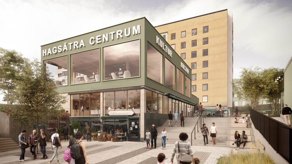 Byggnad invid torg, på byggnaden står det Hagsätra Centrum, människor i rörelse, illustration.
